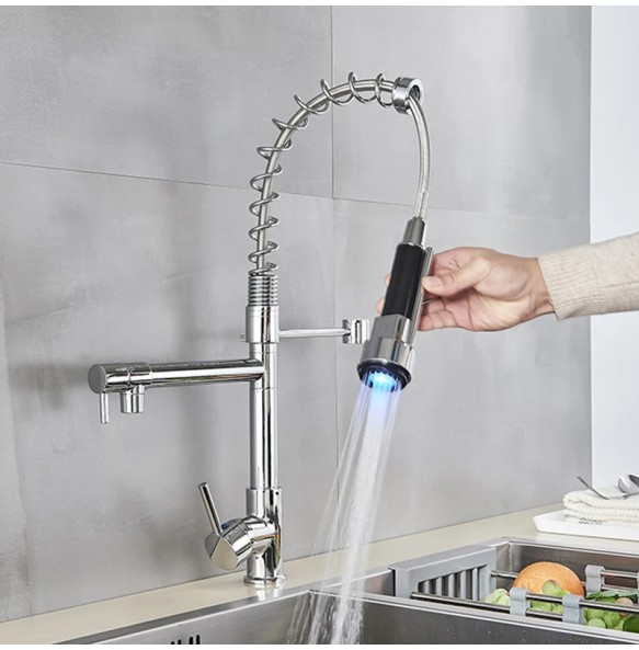 Kitchen Faucet Brushed LED Light Pull-down spring Kitchen Mixer with Hot Cold Water Single Handle Swivel Spout Handheld Head