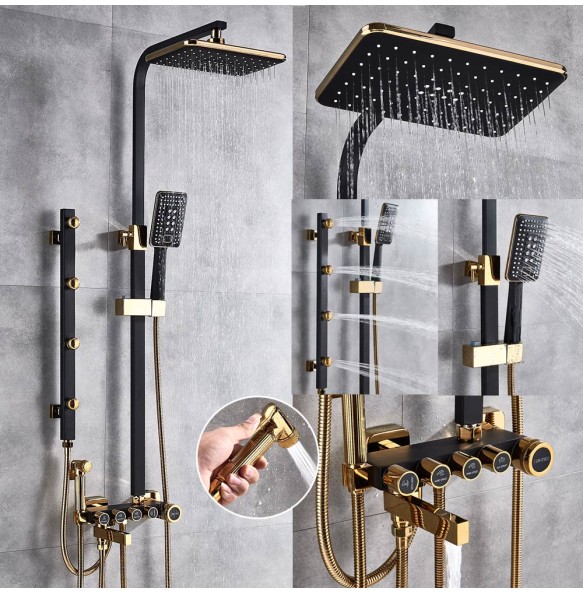 Gold Shower Set Faucet Rainfall Bathtub Tap With Bidet 4 Function Shower Wall Mounted Hot Cold Shower Column Square 8