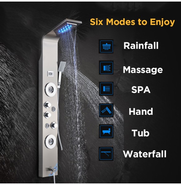 Brushed LED Light Waterfall Rainfull Shower Panel  SPA Sprayer Jets 3 Handles Shower Column Faucet Tower Hand Shower Tub Spout