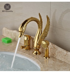 Golden Widespread 3pcs Swan Bathtub Faucet Deck Mount with Handheld Shower Bathroom Tub Mixer Taps