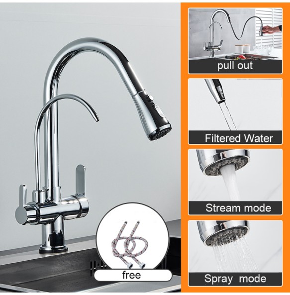 Matte Black Pure Water Kitchen Faucet Dual Handle Hot and Cold Drinking Water Pull Out  Kitchen Mixer Taps