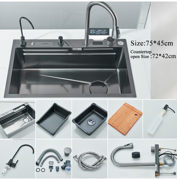 304 Stainless Steel Waterfall Kitchen Sink Large Single Slot Integrated Digital Display Faucet Set Soap Dispenser Cup Washer