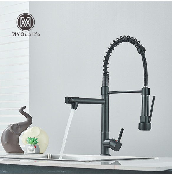 Chrome Pull Down Brass Kitchen Sink Faucet Hot Cold Water Mixer Crane Tap with Dual Spout 360 Rotation Spring Type Faucet