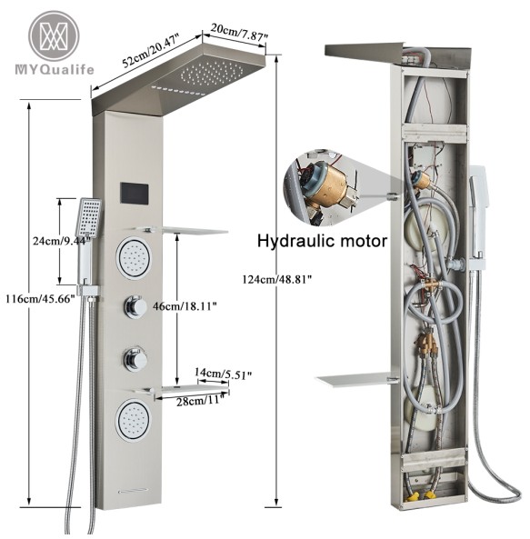 Brushed LED Light LCD Shower Faucet Bathroom SPA Massage Jet Shower Column System Waterfall Rain Shower Panel With Shelf Tap