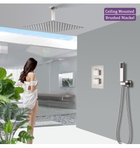 Brushed Thermostatic Shower Faucet Set Dual Handle Ceiling Mounted Square Rainfall With Handshower Concealed Gold Bathroom Tap