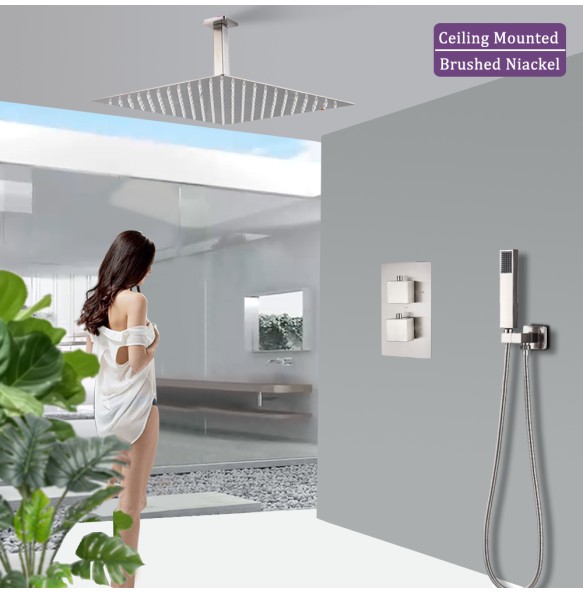 Brushed Thermostatic Shower Faucet Set Dual Handle Ceiling Mounted Square Rainfall With Handshower Concealed Gold Bathroom Tap