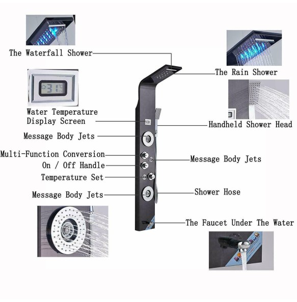 Brushed LED Light Waterfall Rainfull Shower Panel  SPA Sprayer Jets 3 Handles Shower Column Faucet Tower Hand Shower Tub Spout