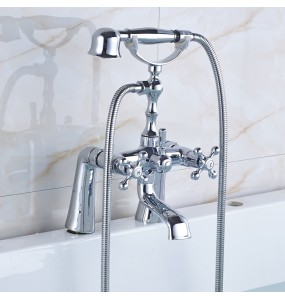 Deck Mounted Two Handle Bathtub Sink Faucet Telephone Deck Standing Dual Hole Bathtub Mixer with Handshower Head