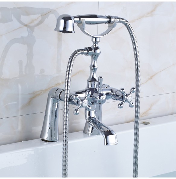 Deck Mounted Two Handle Bathtub Sink Faucet Telephone Deck Standing Dual Hole Bathtub Mixer with Handshower Head