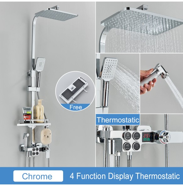 Black Thermostatic LCD Shower Faucet Set Temperature Display Rainfall Bathtub Tap With Bathroom Shelf Electricity By Water