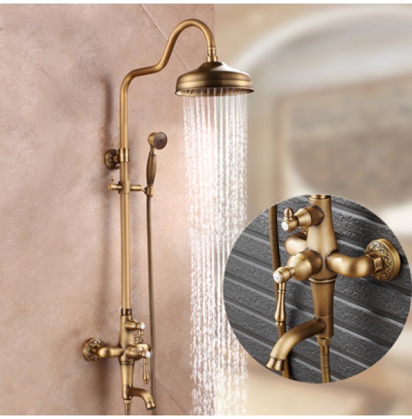 Antique Brass Shower Mixer Faucet Set One Handle with Storage Holder Shower Faucet Taps Swivel Tub Spout 8