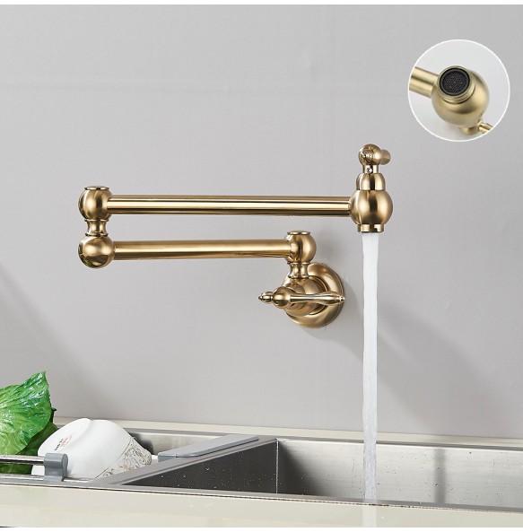 Brushed Gold Brass Pot Filler Faucet Single Cold Water Kitchen Faucet Wall Mounted Sink Tap Rotate Folding Spout Simple Installa