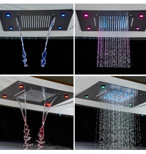 Black LED Rain Waterfall Shower Head Remote Control LED Colors Ceiling Mounted Shower Head 50*35CM Square Head Bathroom Shower