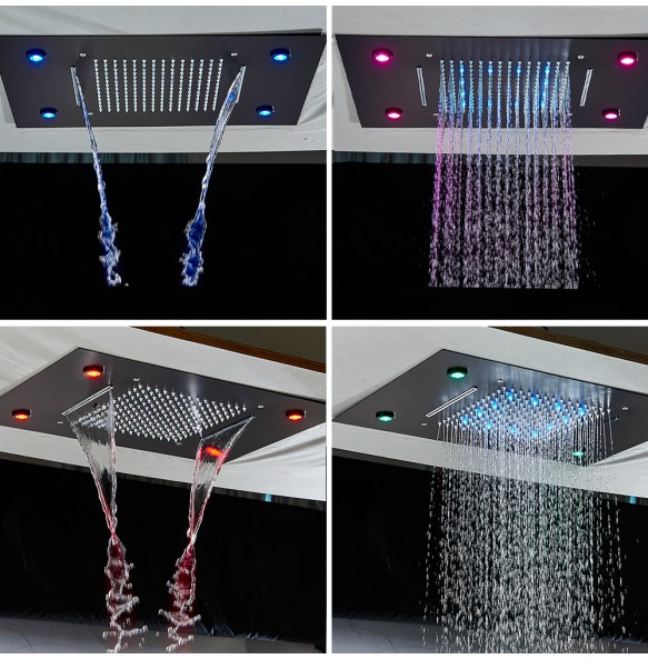 Black LED Rain Waterfall Shower Head Remote Control LED Colors Ceiling Mounted Shower Head 50*35CM Square Head Bathroom Shower