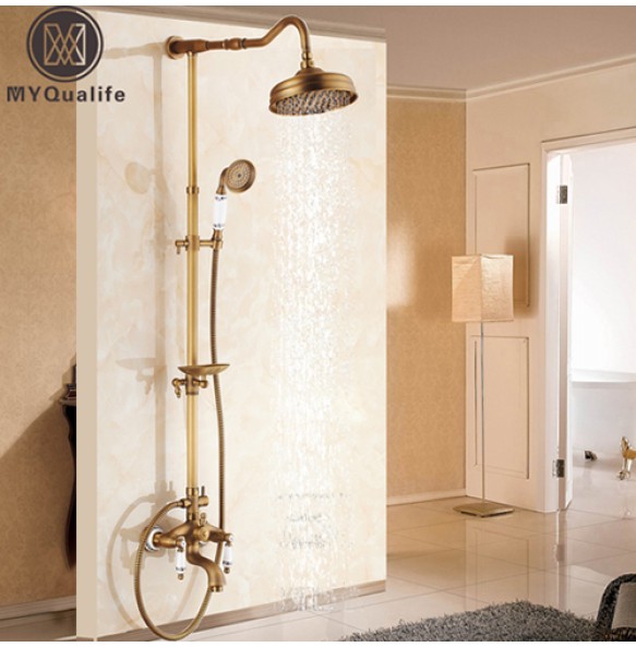 Antique Brass Shower Bath Faucet Sets Wall Mounted EXposed 8