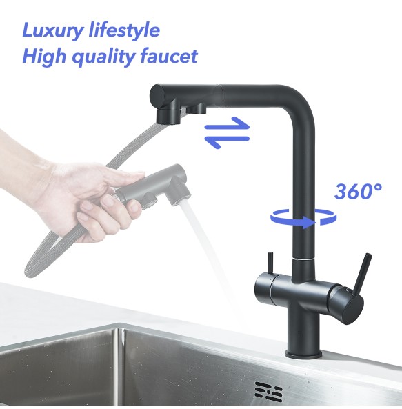 Matte Black Pulling Filter Kitchen Faucet Hot & Cold Water Mixer Dual Mode Filtration Purification Kitchen Sinks 360 Rotation