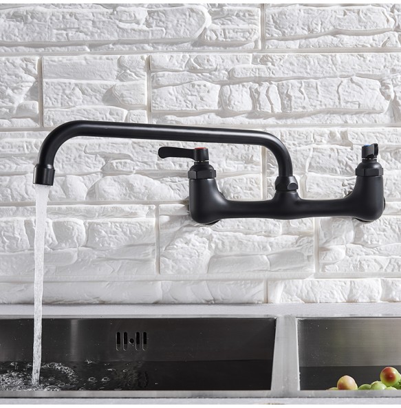 Wall Mounted  Long Spout Kitchen Faucet Dual Handle Brass Antique Hot and Cold Water Tap 360 Swivel Long Spout Kitchen Mixer Tap