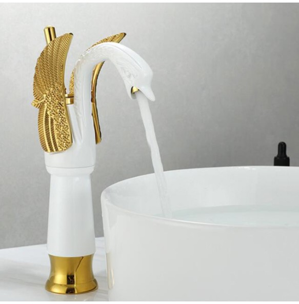 2024 New Swan Shape Bathroom Mixer Faucet Tap Deck Mount One Hole Water Taps with Hot Cold Water Golden Color Basin Faucet One Handle