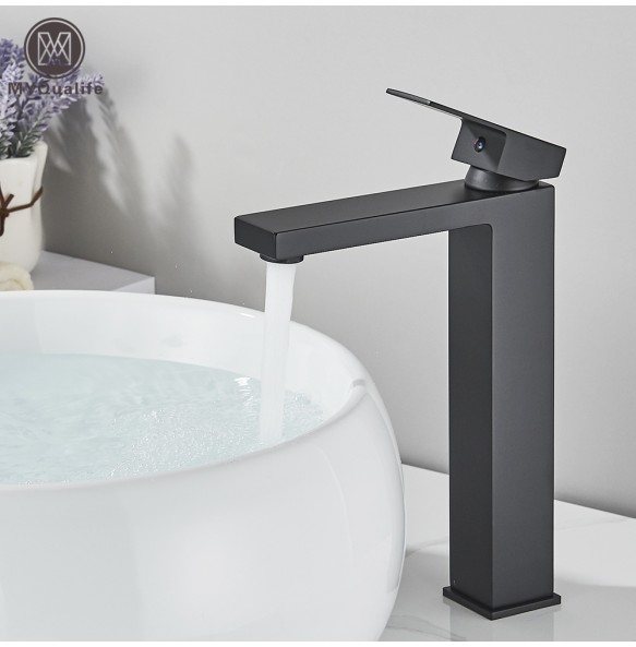 2024 New Black Brass Square Basin Faucet Bathroom Washbasin Hot Cold Water Mixer Tap Single Handle Tall Model Mixer Crane