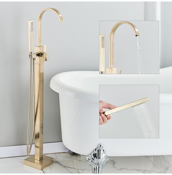 Luxury Brushed Gold Bathtub Faucet Free Standing Bathroom Tub Faucet  6 Types Spout Floor Mounted Bath Shower Mixer Tap