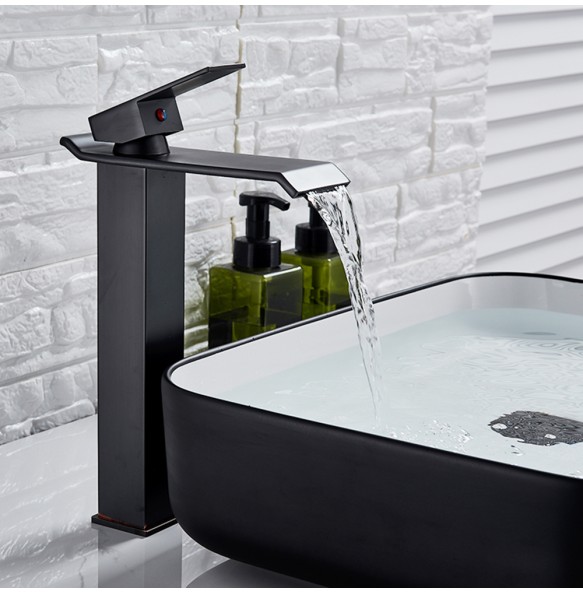 2024 New Black Waterfall Basin Sink Faucet Tall Bathroom Mixer Tap Wide Spout Vessel Sink Fauet Hot Cold Water Tap