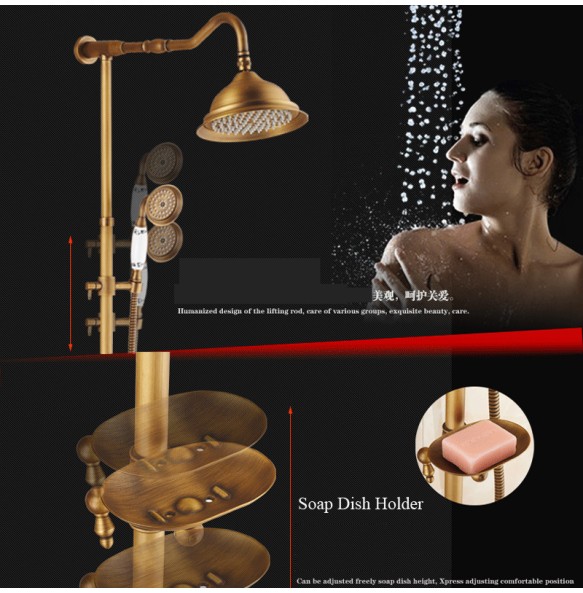 Antique Brass Shower Bath Faucet Sets Wall Mounted EXposed 8