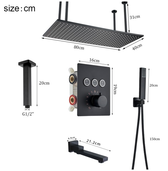 Big Black Thermostatic Bathroom Shower Faucet Set Rain Waterfall Bathtub Shower System Mixer Tap Ceiling Mounted Button Faucet