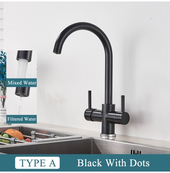 Black Kitchen Filtered Faucet Beige with Dots Brass Purifier Mixer Double Sprayer Drinking Water Curved Sink Tap 360 Rotate