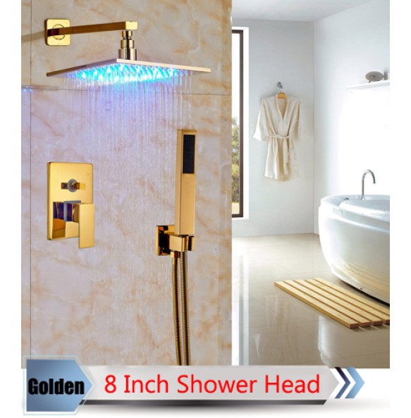 Bathroom LED Light Rainfall Shower Set Handheld Spray Brass Tub Spout Tap Bath Shower Mixer Faucet Wall Mounted Color Changing