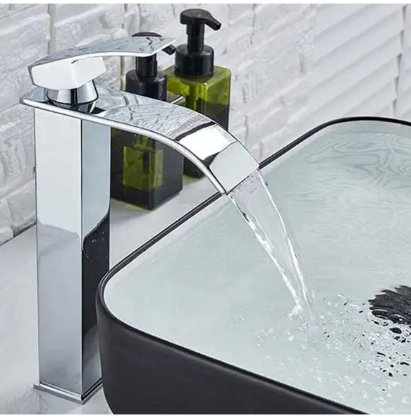 2024 New Black Waterfall Basin Sink Faucet Tall Bathroom Mixer Tap Wide Spout Vessel Sink Fauet Hot Cold Water Tap