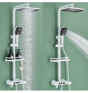 White Thermostatic Shower Faucet Fixed Temperature 3 Way Key Rainfall System Bathtub Tap With Big Showerhead Bathroom Shelf