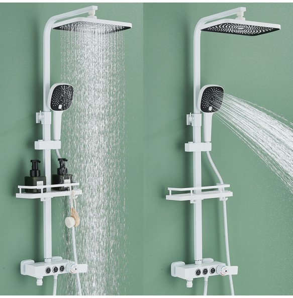 White Thermostatic Shower Faucet Fixed Temperature 3 Way Key Rainfall System Bathtub Tap With Big Showerhead Bathroom Shelf