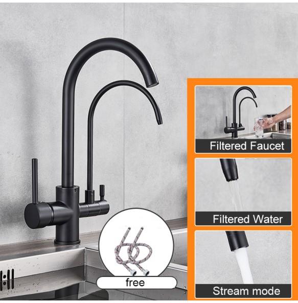 Matte Black Pure Water Kitchen Faucet Dual Handle Hot and Cold Drinking Water Pull Out  Kitchen Mixer Taps