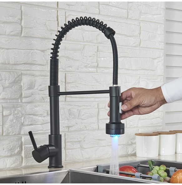 Matte Black LED Kitchen Sink Faucet Spring Hot and Cold Water Tap Pull Down 2 Models Gold Kitchen Crane