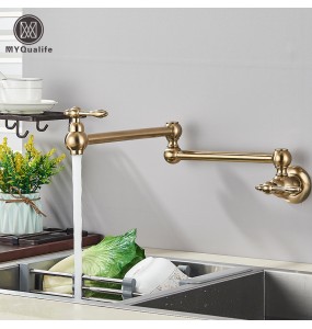 Brushed Gold Brass Pot Filler Faucet Single Cold Water Kitchen Faucet Wall Mounted Sink Tap Rotate Folding Spout Simple Installa