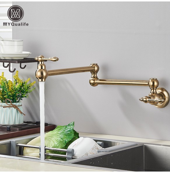 Brushed Gold Brass Pot Filler Faucet Single Cold Water Kitchen Faucet Wall Mounted Sink Tap Rotate Folding Spout Simple Installa