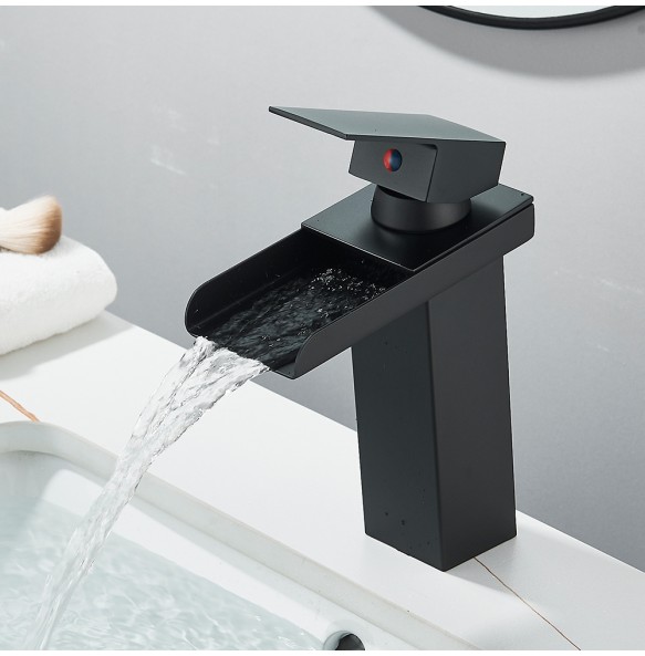 Matte Black Waterfall Outlet Basin Faucet Deck Mounted  Mixer Tap Cold And Hot Water Tap Single Hole Bath Sink Faucets Crane