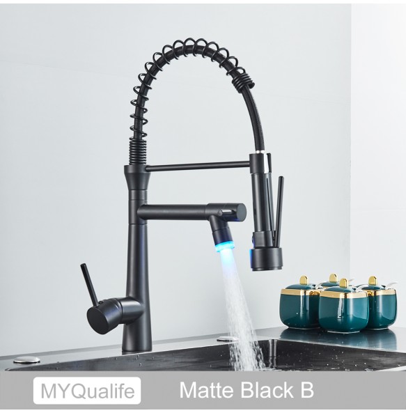 Black Brass Pull Down LED Kitchen Faucet 360 Rotate Hot Cold Mixer Dual Spout Deck Mounted Sink Taps With Strong Flush Crane