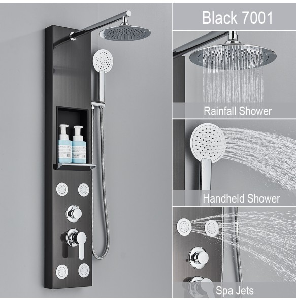 Black Shower Panel With Storage Rack Rainfall Shower Faucet Set SPA Massage Jet Bath Shower Column Double Handle Mixer Tap Tower