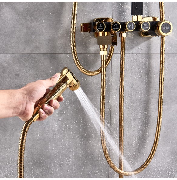 Golden White Shower Faucet In Wall Shower Mixer System Rainfall Shower Head Brass Body Massage Jet Shower Set Swive Spout