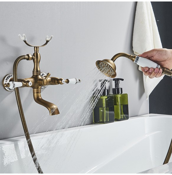 Luxury Bathtub Faucet Dual Handle Handheld Bath Shower Mixer Tap with Hand Shower Wall Mount Swivel Spout Tub Sink Mixer Faucet