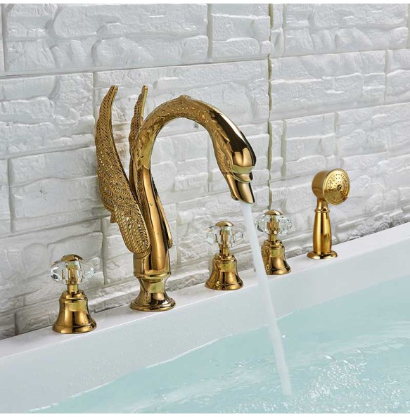 Widespread Swan Bathtub Faucet Golden Tub Mixer Tap Deck Mounted 3 Handle Swan Bath Shower Set with Pull Out Handshower Head