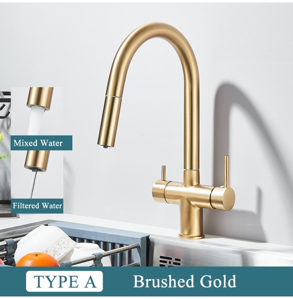 Brushed Gold Kitchen Faucet Pure Faucet Pull Out Filtered Faucet Dual Handle Hot&Cold Drinking Water Mixer Taps