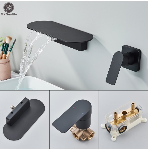 Matte Black Waterfall Bathtub Faucet One Handle In-wall Spout Tub Hot&Cold water Mixer Tap Handshower Widespread Bathtub Tap