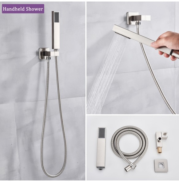 Brushed Thermostatic Shower Faucet Set Dual Handle Ceiling Mounted Square Rainfall With Handshower Concealed Gold Bathroom Tap