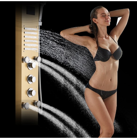 Golden Shower Panel LED Light Bathroom Bath Shower Column Tower Digital Screen Waterfall Rain shower Mixers Rotate Massage Jets