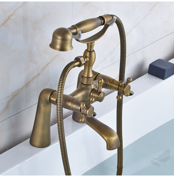 Deck Mounted Two Handle Bathtub Sink Faucet Telephone Deck Standing Dual Hole Bathtub Mixer with Handshower Head