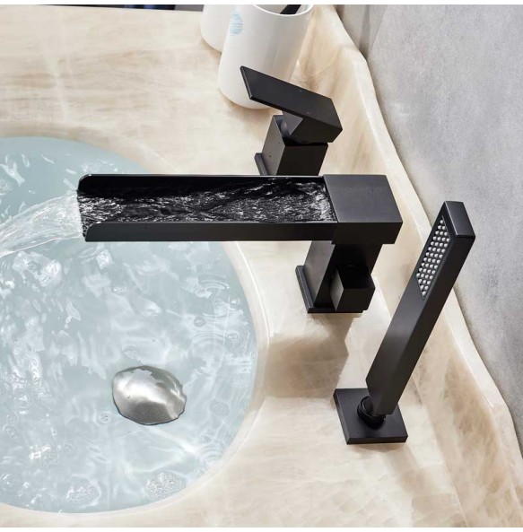 Matte Black Waterfall Bathtub Faucet One Handle Deck Mounted Long Spout Tub Mixer Tap Pull Out Handshower Widespread Bathtub Tap