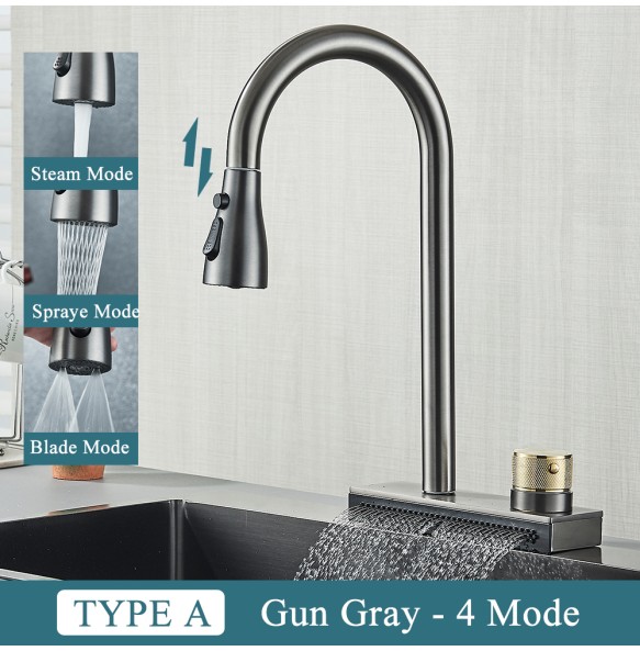 Black Kitchen Faucet With Rainfall Waterfall Wash 4 Function Brass Single Hole Pull Out Mixer Hot Cold Water Taps Deck Mounted