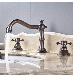 Antique Brass Deck Mounted Basin Faucet Widespread Bathroom Sink Washing Tap Dual Handle 3 Holes Basin Mixer Tap